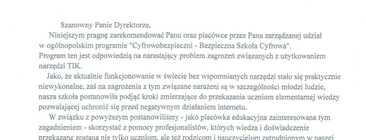 Zaproszenie szkoły do udziału w projekcie "Cyfrowobezpieczni - Bezpieczna Szkoła Cyfrowa"