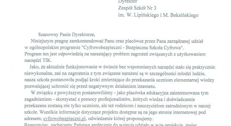 Zaproszenie szkoły do udziału w projekcie "Cyfrowobezpieczni - Bezpieczna Szkoła Cyfrowa"