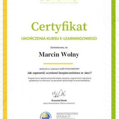 Certyfikaty ukończenia kursu e-learningowego