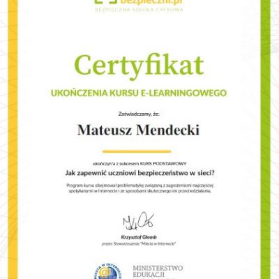 Certyfikaty ukończenia kursu e-learningowego