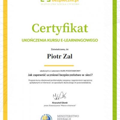 Certyfikaty ukończenia kursu e-learningowego