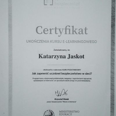 Ukończenie kursu e-learningowego przez Szkolnego Mentora Cyberbezpieczeństwa oraz innych nauczycieli szkoły