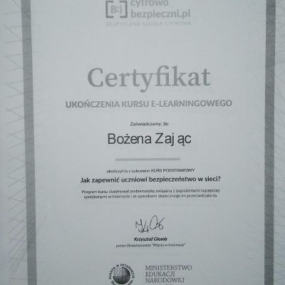 Ukończenie kursu e-learningowego przez Szkolnego Mentora Cyberbezpieczeństwa oraz innych nauczycieli szkoły